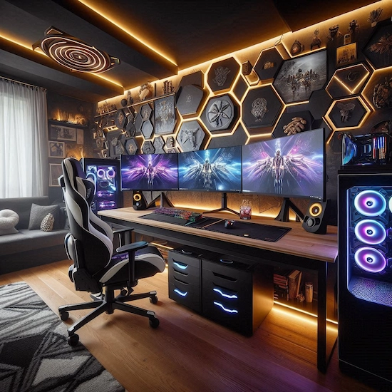 High-end gaming setup with multiple monitors, premium peripherals, and an ergonomic gaming chair