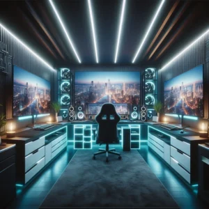 Modern gaming room with dual monitors, LED lighting, and sleek gaming desk setup.