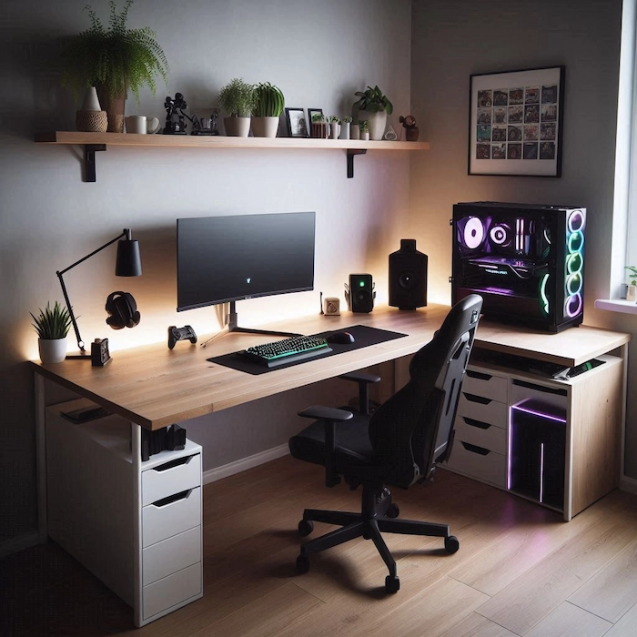 Minimalistic gaming setup with an L-shaped desk and organized cable management